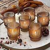 Kate Aspen Vintage Glass Tealight & Amber Votive Candle Holders (Set of 6) – Rustic Fluted Candle Holder Set, Boho Home Decor, Wedding Table Centerpieces, Farmhouse Kitchen Table Decor