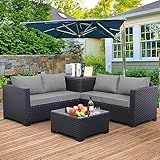 WAROOM Outdoor PE Wicker Patio Furniture Set 4 Piece Black Rattan Sectional Loveseat Couch Set Conversation Sofa with Storage Box Glass Top Table and Non-Slip Grey Cushion