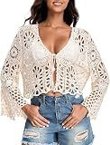Women's Crochet Cardigan Bell Sleeve Tie Front Hollow Out Cropped Vacation Tops Summer Length Sleeve Beach Cover Ups(Beign) Beige