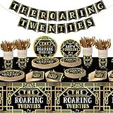 188 Pcs Roaring 1920's Party Tableware Set, 24 Guests Black and Gold Birthday Party Tablecloth Dinner Plates Dessert Plates Cups and Napkins for Speakeasy 1920s Vintage Wedding Party Supplies