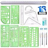 Glarks 16 Pieces Measuring Templates Building Formwork Stencils Geometric Drawing Rulers and Triangular Architect Scale Ruler with Pencil, Pencil Lead Refills, Eraser for Office and School