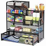Marbrasse Mesh Pen Holder for Desk, Multi-Functional Pencil Organizer with Drawer, Desk Organizers and Accessories for Office Art Supplies (Black)