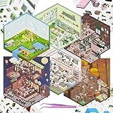 6 Sets 3D Fun Mini Panda House Scene Stickers with Tweezers Make Your Own Library Supermarket Camping Tree House Sticker Scenes Cute Micro Room Craft Stickers for Relief Stress Pass The Time