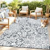 Findosom Waterproof Outdoor Rug 5' x 8' - Reversible Mandala Outdoor Plastic Straw Rug, Durable Foldable Patio Rug for RV, Deck, Balcony, Backyard, Picnic, Porch, Camping, Beach, Gray