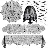 Halloween Spiderweb Lace Tablecloth Set with Table Runner, Round Cover, Lampshade Cover and 3D Bat Wall Decor, Black Gothic Mantel Scarf Kit for Indoor Halloween Party Decorations