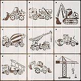 Coocamo 9 Pieces Construction Vehicle Stencils Reusable Truck Stencils for Home Wall Decor, 7.9 Inches
