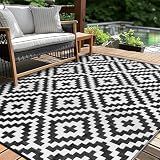 Outdoor Patio Plastic Straw Rug - 4x6 ft Outdoor Camping Rug Waterproof Reversible, Area Carpet Patios RV, Outside Porch Balcony Deck for Camper, Black & White