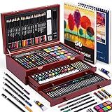 Color More 175 Piece Deluxe Art Set with 2 Drawing Pads, Acrylic Paints, Crayons, Colored Pencils, Paint Set in Wooden Case, Professional Art Kit, Art Supplies for Adults, Teens and Artist, WoodMuse Plus