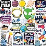 Space Photo Booth Props - 41-pc Photobooth Kit with 8 x 10-Inch Sign, 60 Adhesive Pads, 45 Sticks - Space Party Decor - Space Props - Out of This World Party Decorations