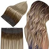 Full Shine Wire Hair Extensions Walnut Brown to Light Brown Mix Light Blonde 70g Balayage Hair Extensions Invisible Wire Hair Extension with Transparent Fishing Line Short Straight Hairpiece 12 Inch