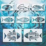 BLOSSOMLAYER Stencils Geometric Fish Stencil 8pcs Reusable Plastic Templates Craft Paint Template Painting Stencils Set Painting on Wood Wall Canvas Floor Shop Sign