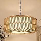 Farmhouse Chandelier Light Fixture, 5-Light Rattan Boho Chandeliers for Dining Room, Hand Woven Pendant Light with Linen Shade, Rustic Hanging Lighting for Kitchen Island, Bedroom (Bulb Not Included)