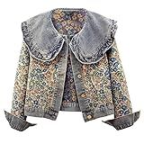 Xaspee Womens Peter Pan Collar Cropped Jean Jacket Embroidered Jacquard Long Sleeve Casual Floral Denim Jackets Coat Blue Large