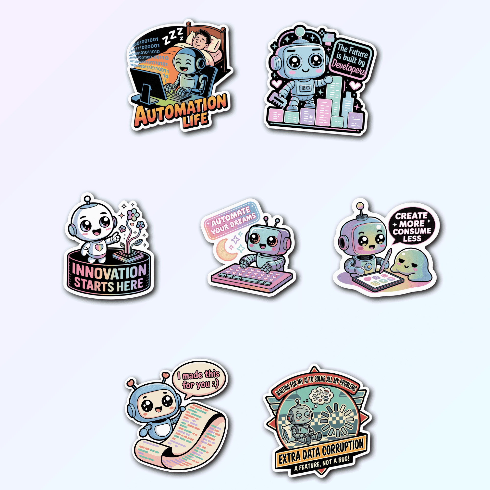 7 Cute Robot Tech Sticker Pack — Premium Vinyl Decals