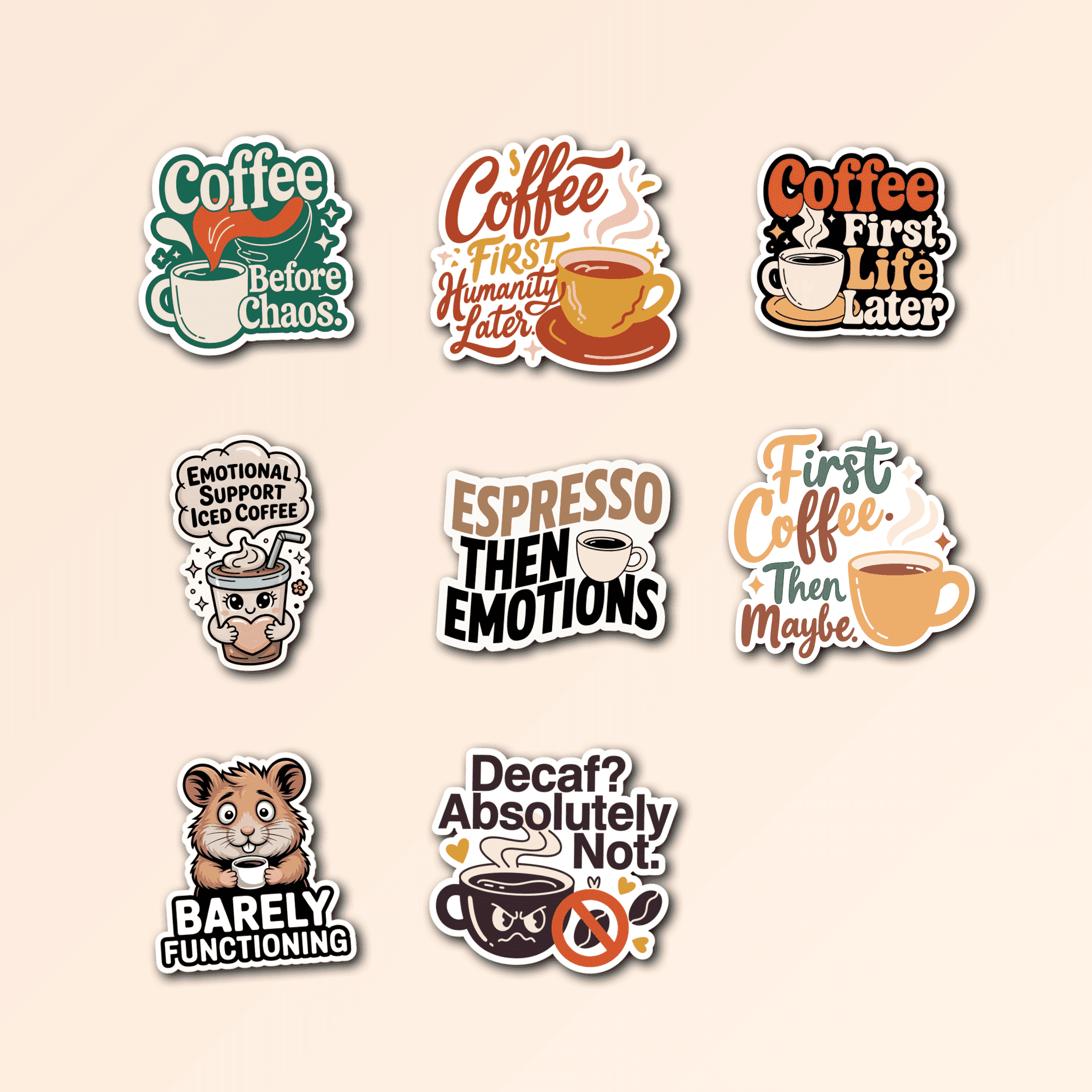 8 Funny Coffee Sticker Pack — Premium Vinyl Decals