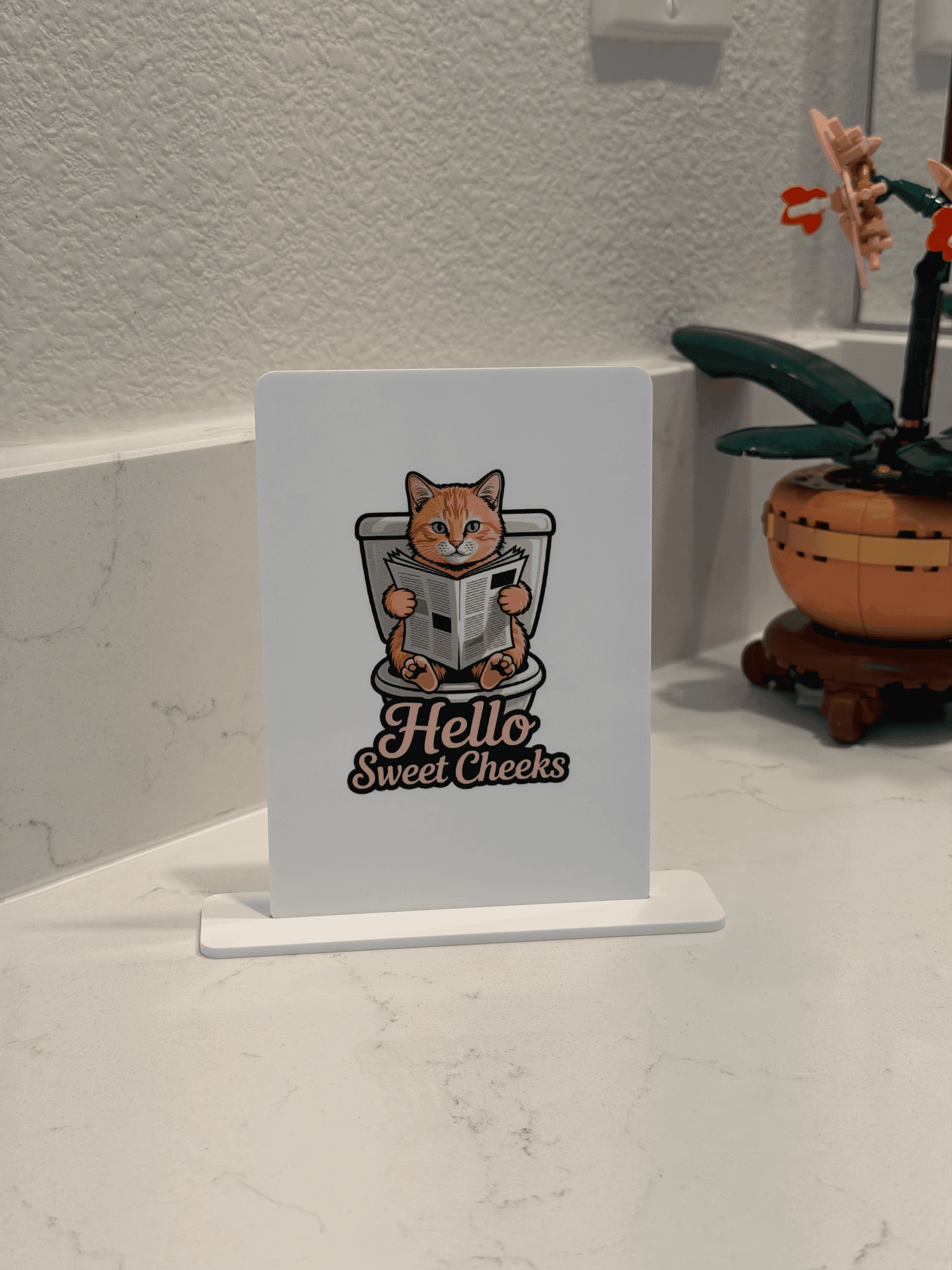 Funny Cat Bathroom Acrylic Table Sign "Hello Sweet Cheeks"