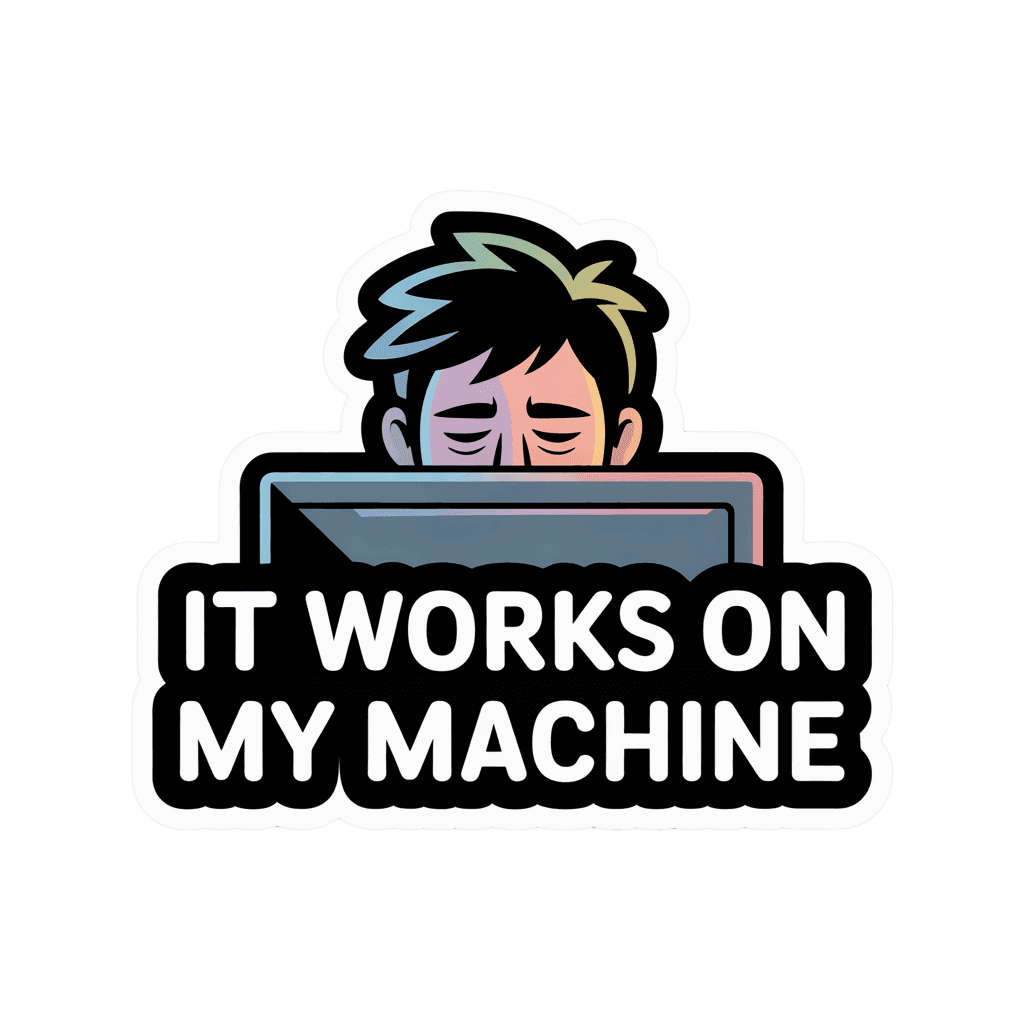 Funny IT Developer Sticker with "It Works On My Machine"