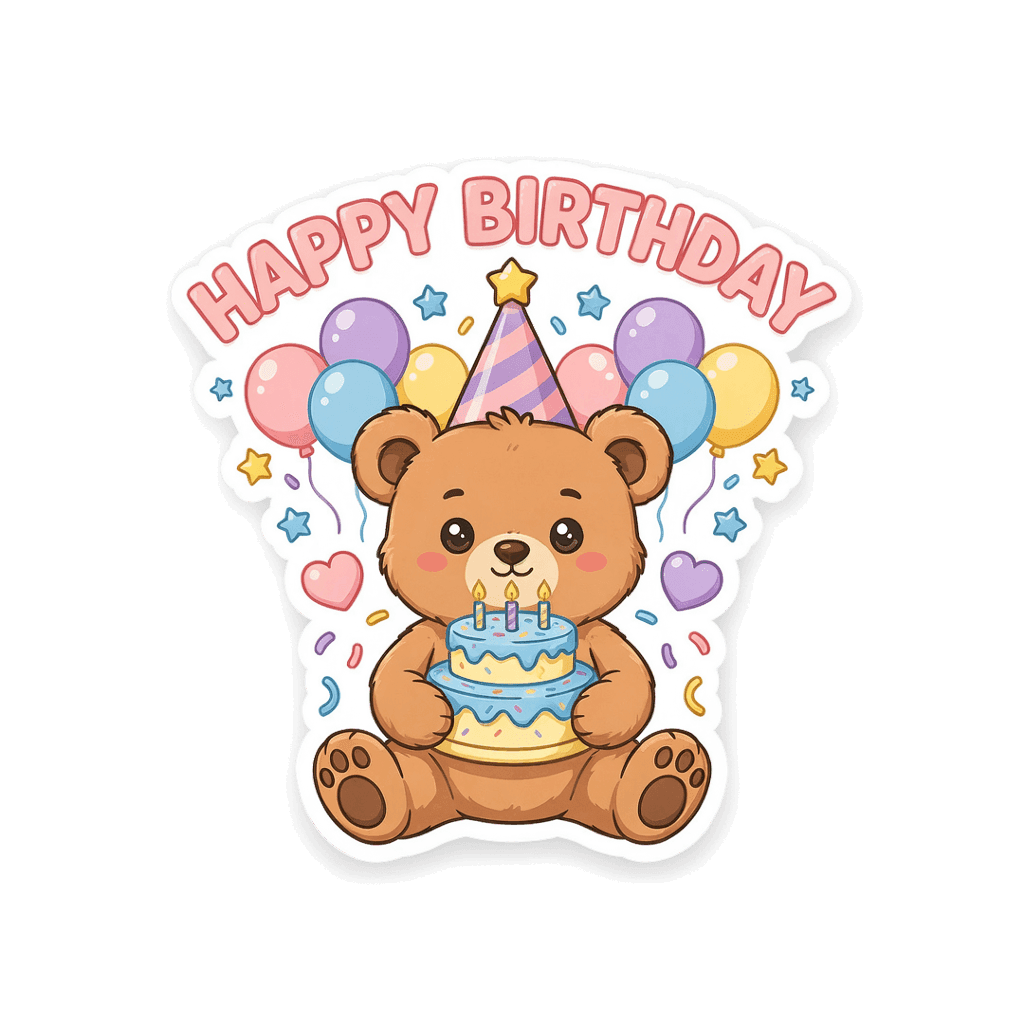 Cute Teddy Bear Happy Birthday Cake Vinyl Sticker