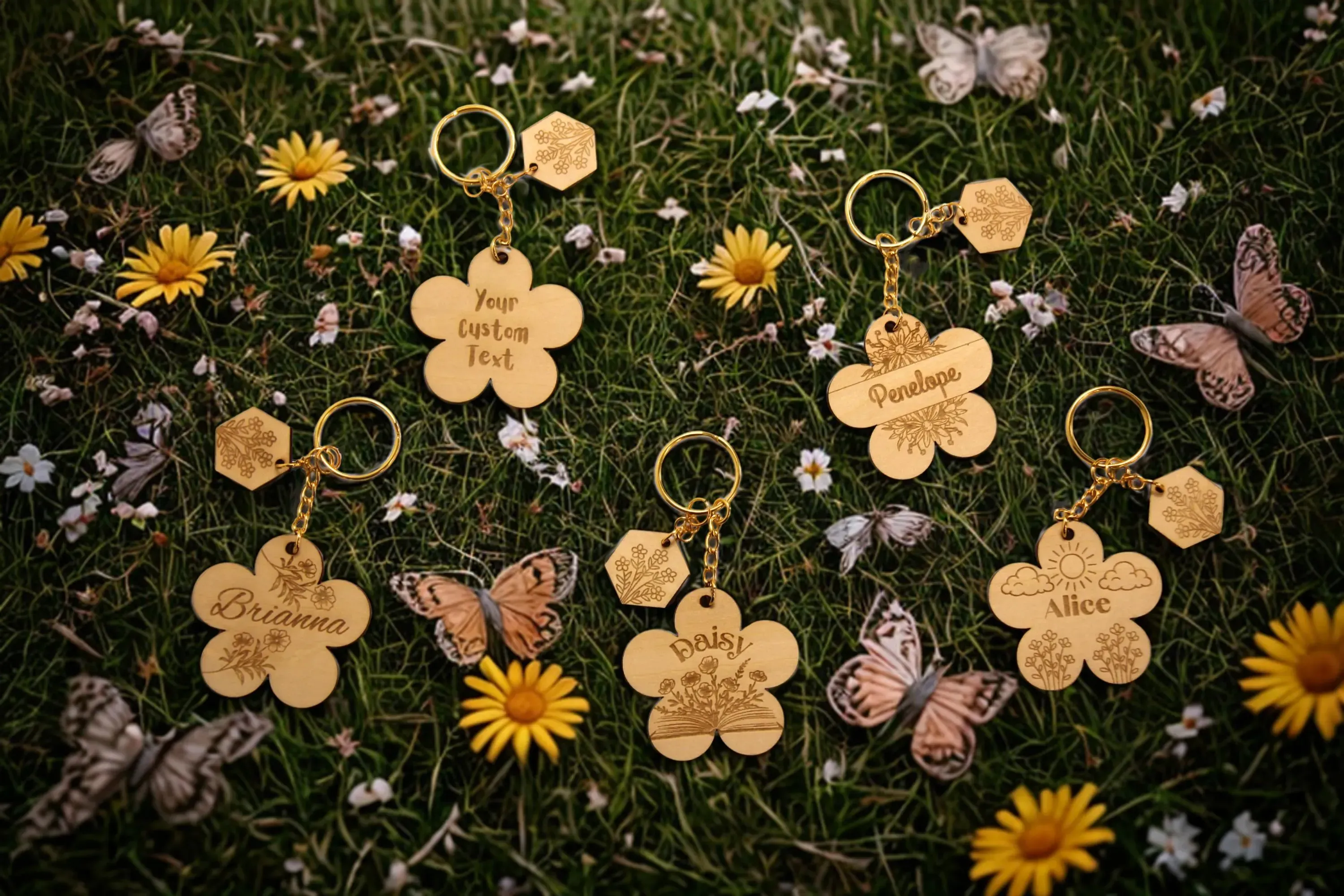 Personalized Wooden Flower Keychain with Custom Engraving